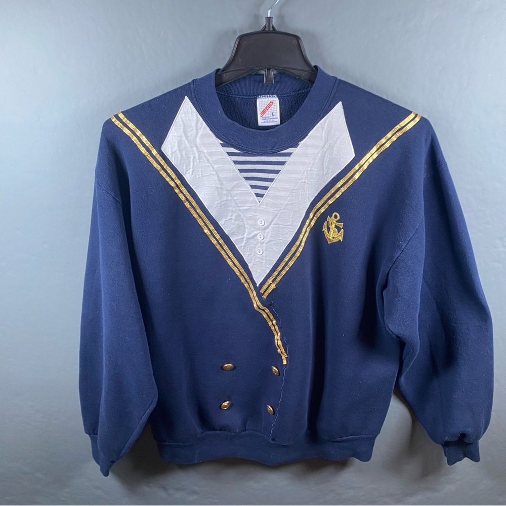 Jerzees Sweatshirt Unisex Size L Navy Nautical Anchor Long Sleeve Vintage